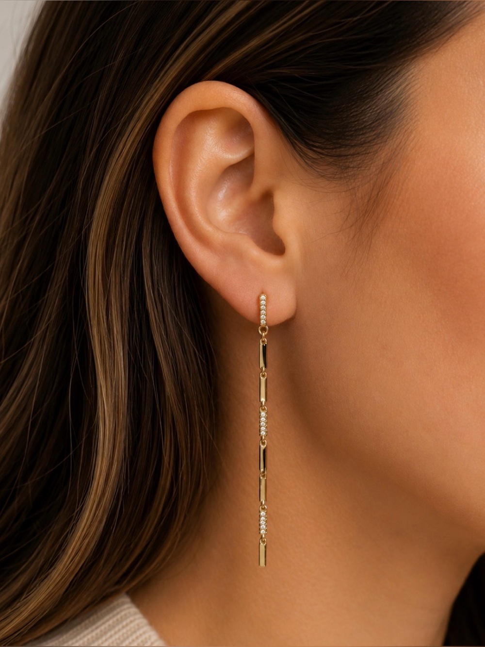 Swarovski Gold Tone & Rhinestone Long Dangling Dressy Earrings for Pierced Ears